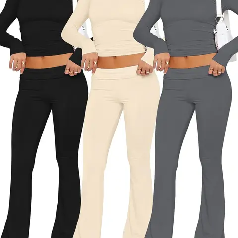 Women's Solid Basic Long Sleeve Fitted Crop Tee & Flared Leg Pants Set, Casual Round Neck Cropped Top & Bell Bottom Trousers for Spring & Fall, Outfit Sets for Women, Women's Clothes for Daily Wear, Style
