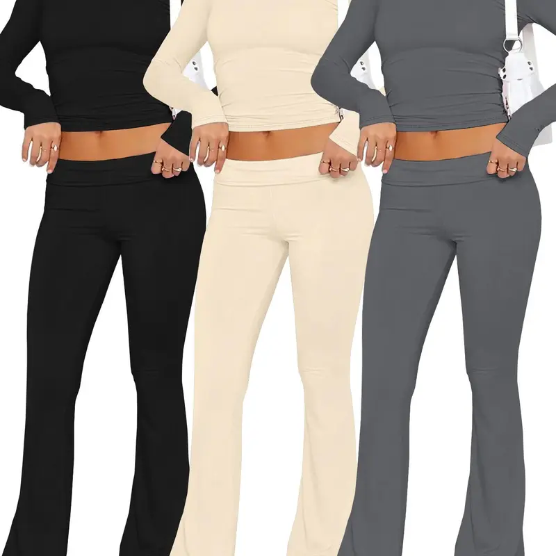 Women's Solid Basic Long Sleeve Fitted Crop Tee & Flared Leg Pants Set, Casual Round Neck Cropped Top & Bell Bottom Trousers for Spring & Fall, Outfit Sets for Women, Women's Clothes for Daily Wear, Style