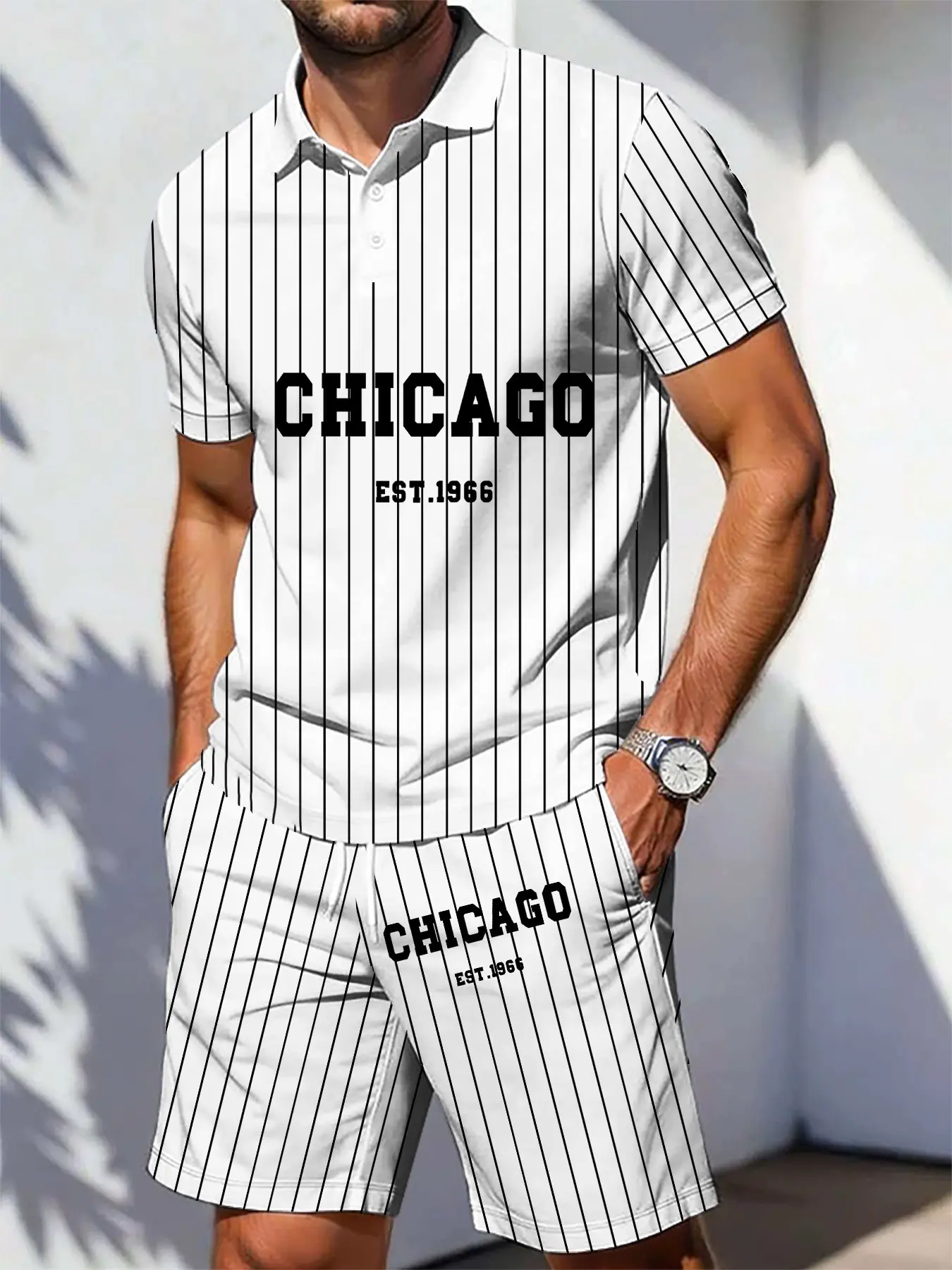Men's Chicago Theme Baseball Stripe Polo Set, American Sports Short Sleeve Tee and Shorts, Casual Loose-Fit Two-Piece