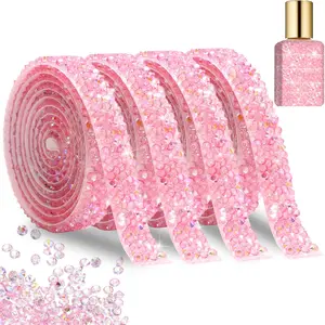 Bling  Rhinestone Ribbons,Pink AB  Strips for DIY Crafts,1 CM Wide Rhinestone Tape Stickers,4 Yards Bling Rhinestone Strips Adhesive for Clothes Wedding Parties Decoration