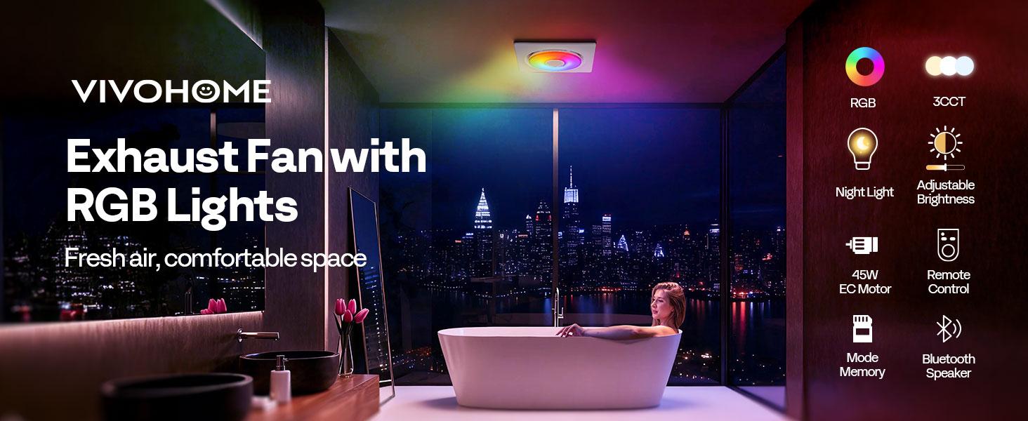VIVOHOME 4-IN-1 AutoFlow Bathroom Exhaust Fan with RGB Light & Bluetooth Speaker & Humidity Sensor (30-110-160CFM) - 2700K/4000K/5700K LED Light, Energy-Saving EC Motor (Install Kit, 4-in Duct) VIVOHOME 4-IN-1 AutoFlow Bathroom Exhaust Fan with RGB Light & Bluetooth Speaker & Humidity Sensor (30-110-160CFM) - 2700K/4000K/5700K LED Light, Energy-Saving EC Motor (Install Kit, 4-in Duct)