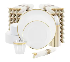 Elama 350 Piece Disposable Dinnerware Set for 50 in White Gold Elama 350 Piece Disposable Dinnerware Set for 50 in White Gold