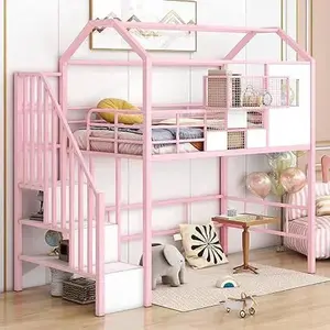 Twin Size House Loft Bed with Stairs and Storage Box