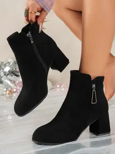 Women's Fashion Solid Color Short Boots, Chunky Heel, Casual Vintage Style, Round Toe British Style, Fall Winter Footwear, Winter Warm Boots
