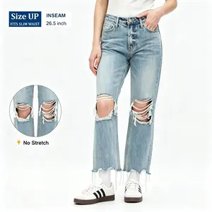 ONESO Women's Super High Rise Destroyed Straight Rigid Leg Jeans Non-Stretch Distressed Denim Pants Size Comfortable Fashion FitStyle Bottoms Womenswear Fitted Streetwear Fabric  Basic Minimalist Gift #SummerVibes