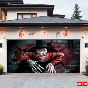 Halloween Garage Banner, Horror Clown Robot Design, Durable Polyester Material, Perfect for Halloween Party & Decorations