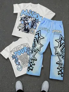 Two-piece set for teenage boys featuring a white short-sleeve T-shirt with a blue gradient star print and cropped pants; American street-style print, loose fit, breathable, and trendy streetwear style Summer
