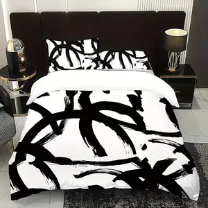 3-Piece Ink Geometric Line Print Duvet Cover Set (1 Duvet + 1/2 Pillowcases), Soft Bedding, Square Print, Bedroom Guest Room Use