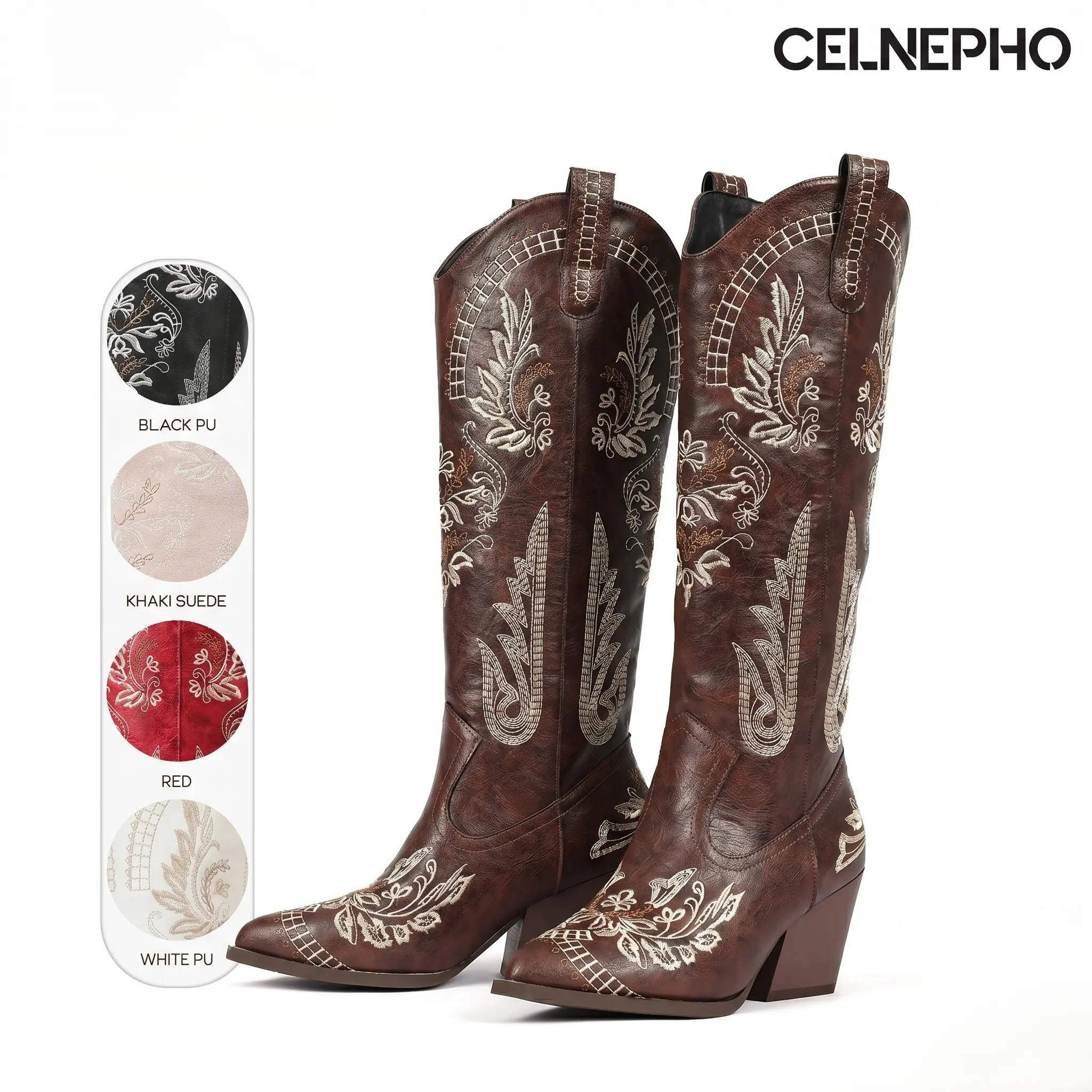 CELNEPHO Women Cowboy Boots Pointed Toe Western Embroidered Design Knee High Boot Easy Pull on Tabs Chunky Block Heel Country Wedding Casual Wear Date Gift Cowgirl Dress Shoes