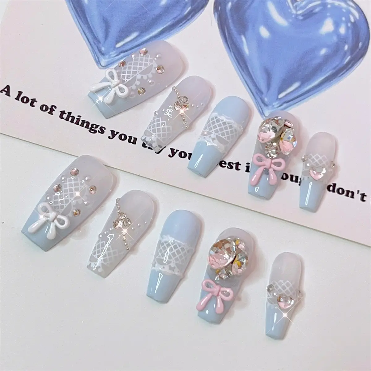 Christmas | 10pcs Ombre Blue Handmade Press On Nails, Baby Blue, Diamond Rhinestone, Bowknot, Ballet Coffin Shape, Long Length, Acrylic, False Nails, Fake Nail, Manual Nails | Comes with Manicure Toolkit, Jelly Gel, Sticker, Glue