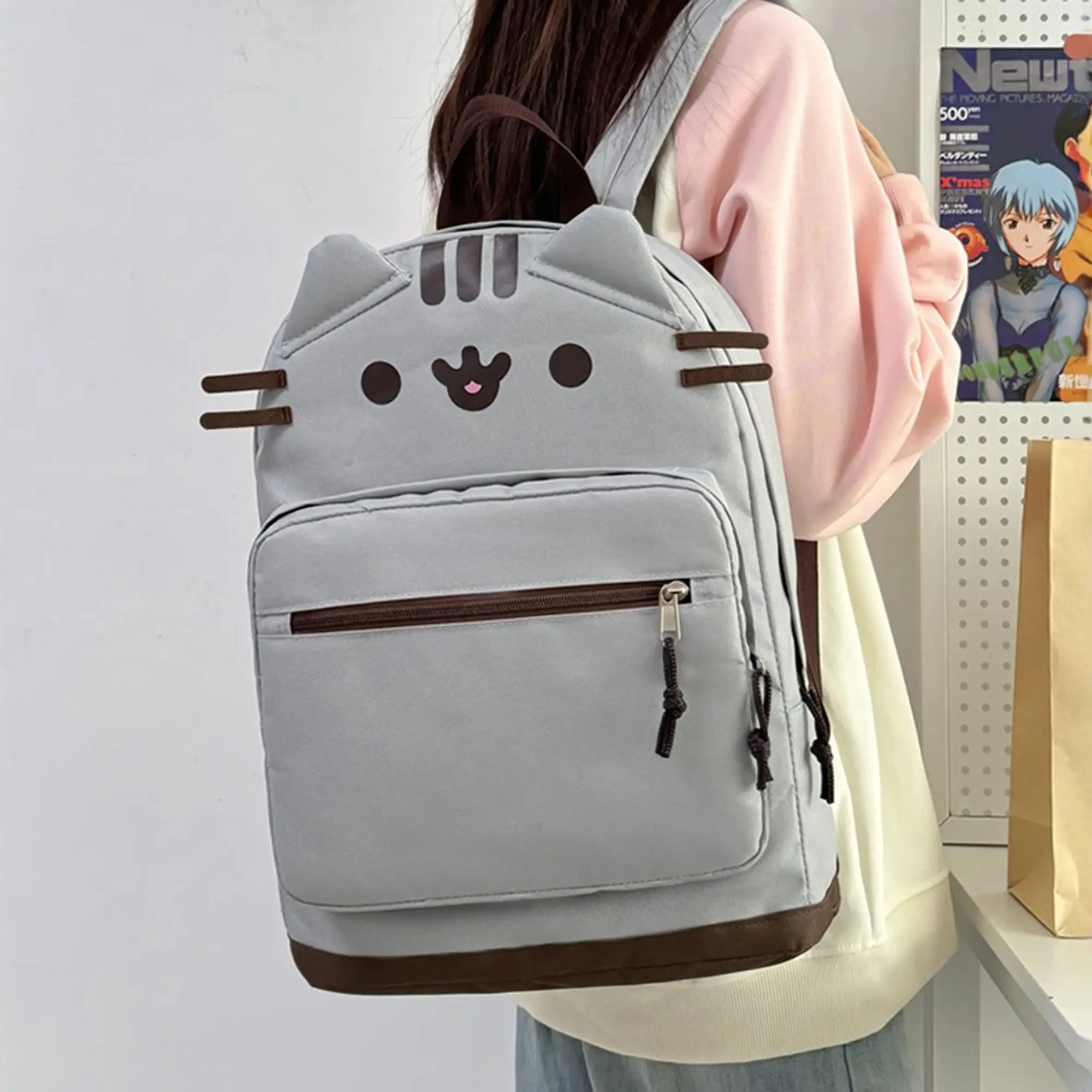 Cute Pusheen Cat Shape Backpack - 3D Cat Ear Cartoon Casual Daypack, Lightweight Waterproof Student Bookbag with Front Zip Pocket for Teen Girls Daily Commute