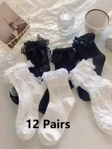 12 Pairs Cute Frilly Lace Ankle Socks for Women, Soft Princess Lolita Style, Perfect Aesthetic Frill Socks Gift for Teens