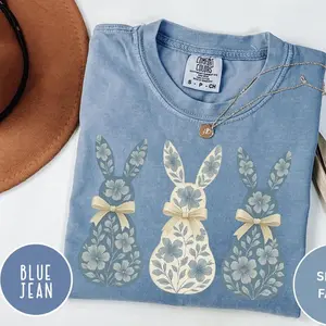 Comfort Colors Floral Bunny Shirt, Cute Bunnies Shirt, Coquette Bow Easter Shirt for Women, Trendy Easter Crewneck, Easter Gift for Women