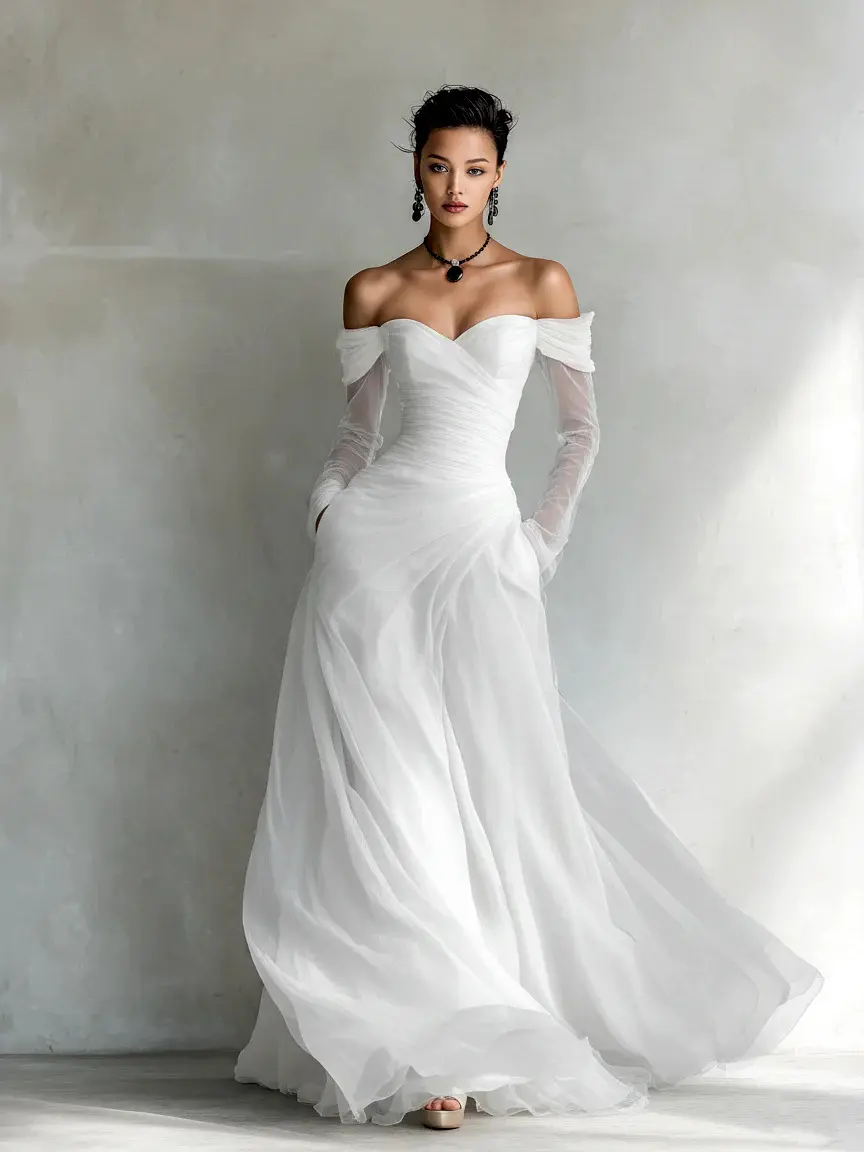 Off The Shoulder Wedding Dress Sweetheart Neck Sheer Long Sleeve Ruched Bodice A Line Flowy Tulle Bridal Gown With Side Pockets Destination Wedding Bridal Dresses For Women