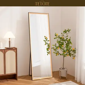 TETOTE Pine Wood Bevel Rectangle Framed Full Length Mirror with Sturdy Stand, High-Quality Frame, Super HD Imaging, Wall Mount/Freestanding/Leaning