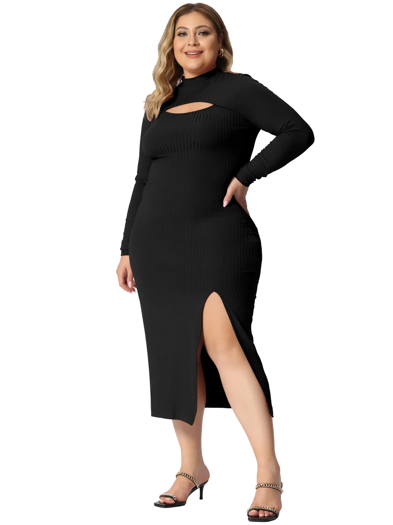 Agnes Orinda Plus Size Round Neck Cut Out Front Knee Slim Split Hem Bodycon Dress Black