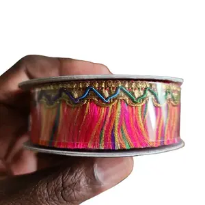 Multi Color Gold Trim 5 Yard Roll Brush Fringes - Glittery Finish with Colorful Design - Snack