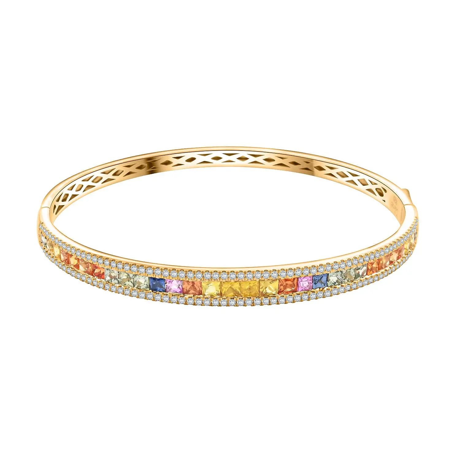 Ankur Treasure Chest Clarte Prima Collection Multi Sapphire, Moissanite Bangle Bracelet in Vermeil YG Over Sterling Silver (6.50 In) 5.40 ctw