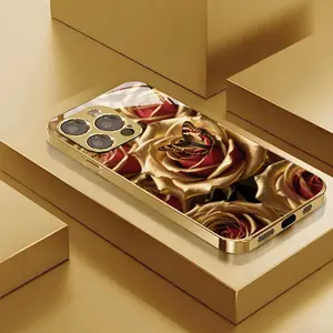 Gorgeous Gold-Red Rose and Butterfly Pattern Gold Electroplated Glass Phone Case Suitable for iPhone 17 16, 15, 14, 13, 12, 11 Plus Pro Max