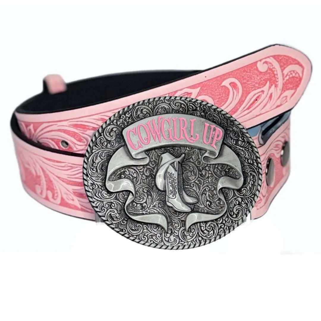 Pink Western Belt with Cowgirl Up Buckle Exquisite Belt Adjustable Belt