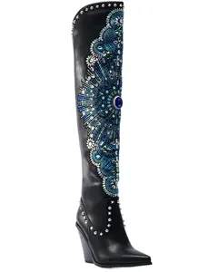 Azalea Wang Women's Axelbeat Thigh-High Embellished Western Boot Round Toe - Black