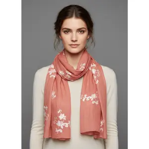 Intricate Floral Pansy Embroidered Light Weight Summer Shawl Scarf Wrap Pink