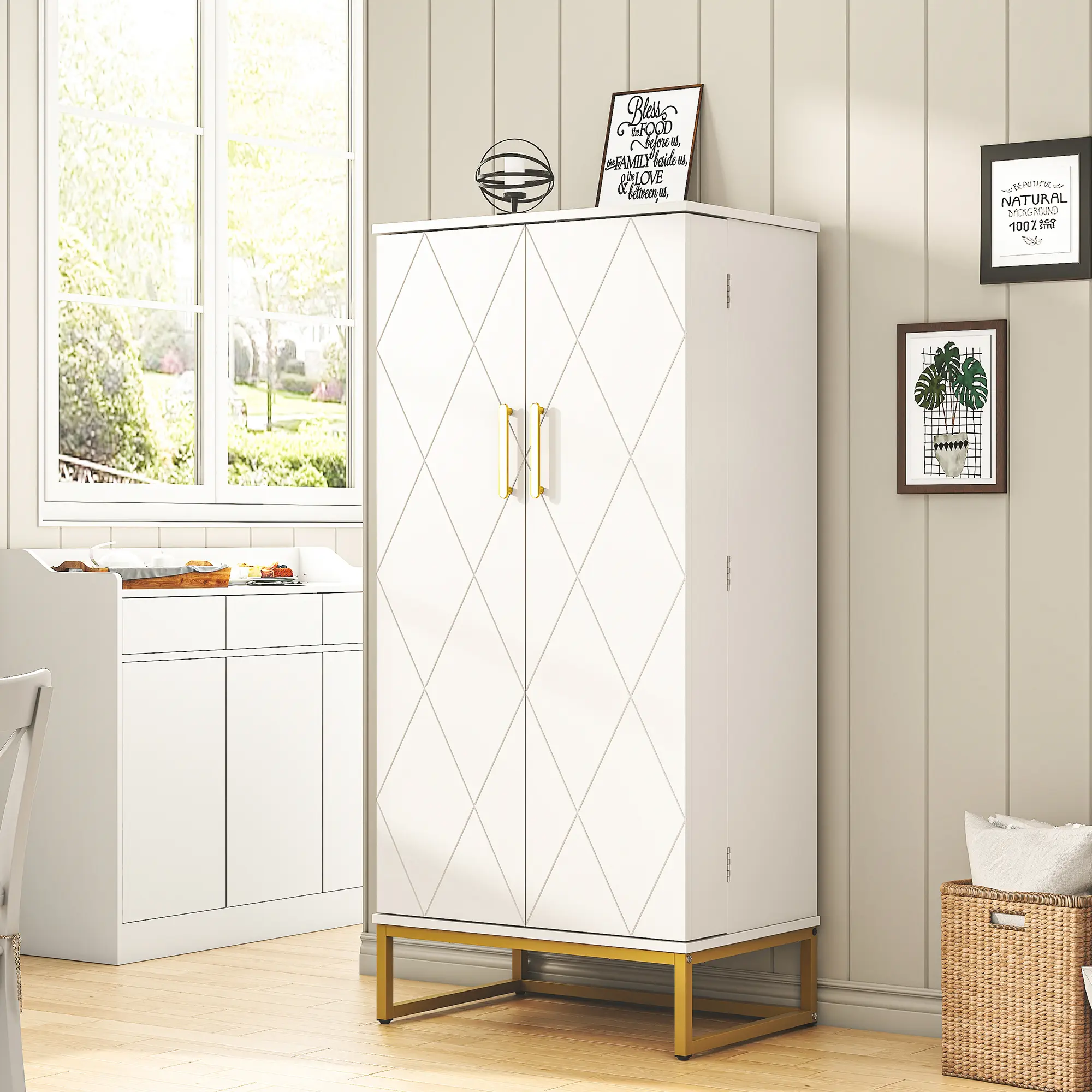 51” Pantry Cabinets, Freestanding Kitchen Pantry Storage Cabinet with Metal Base and Adjustable Shelves, Fashion Buffet Cupboards Sideboard Storage Cabinet for Home Office Use