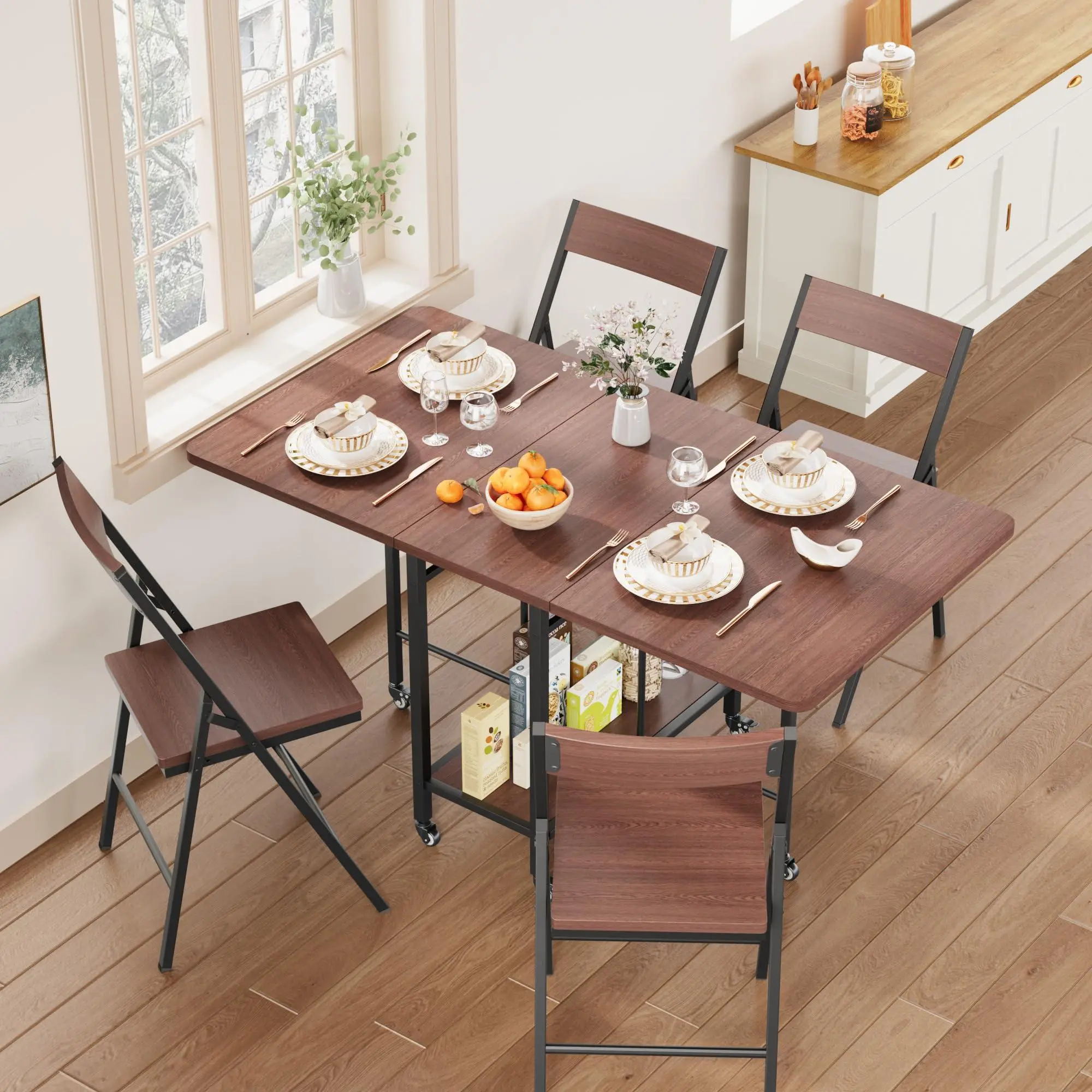Walnut Wood 4-Piece Foldable Rectangular Dining Table Set - Foldable Chairs, Drop Leaf Design, Swivel Wheels, Hideaway, Modern Home Decor for Small Spaces Kitchen