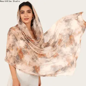 Vintage Tie Dye Chiffon Hijab - Artistic Marble Print Lightweight Headscarf, Soft Breathable Boho Muslim Shawl for Summer, Beach & Aesthetic Daily Wear
