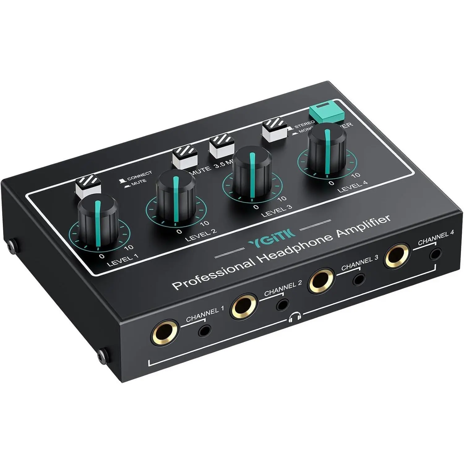 4 Channel Headphone Amplifier,Stereo Audio Amplifier Mixer with 3 Audio Inputs, Individual Mute & Volume Control, Mono/Stereo 1/4" & 1/8" TRS Output, Includes Power Adapter & Audio Cables