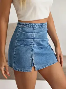 Women's High Waist Denim Mini Skirt, Split Ruffle Skirt Pants, Casual Fashion, Pure Color, Summer Wear, Stylish and Comfortable