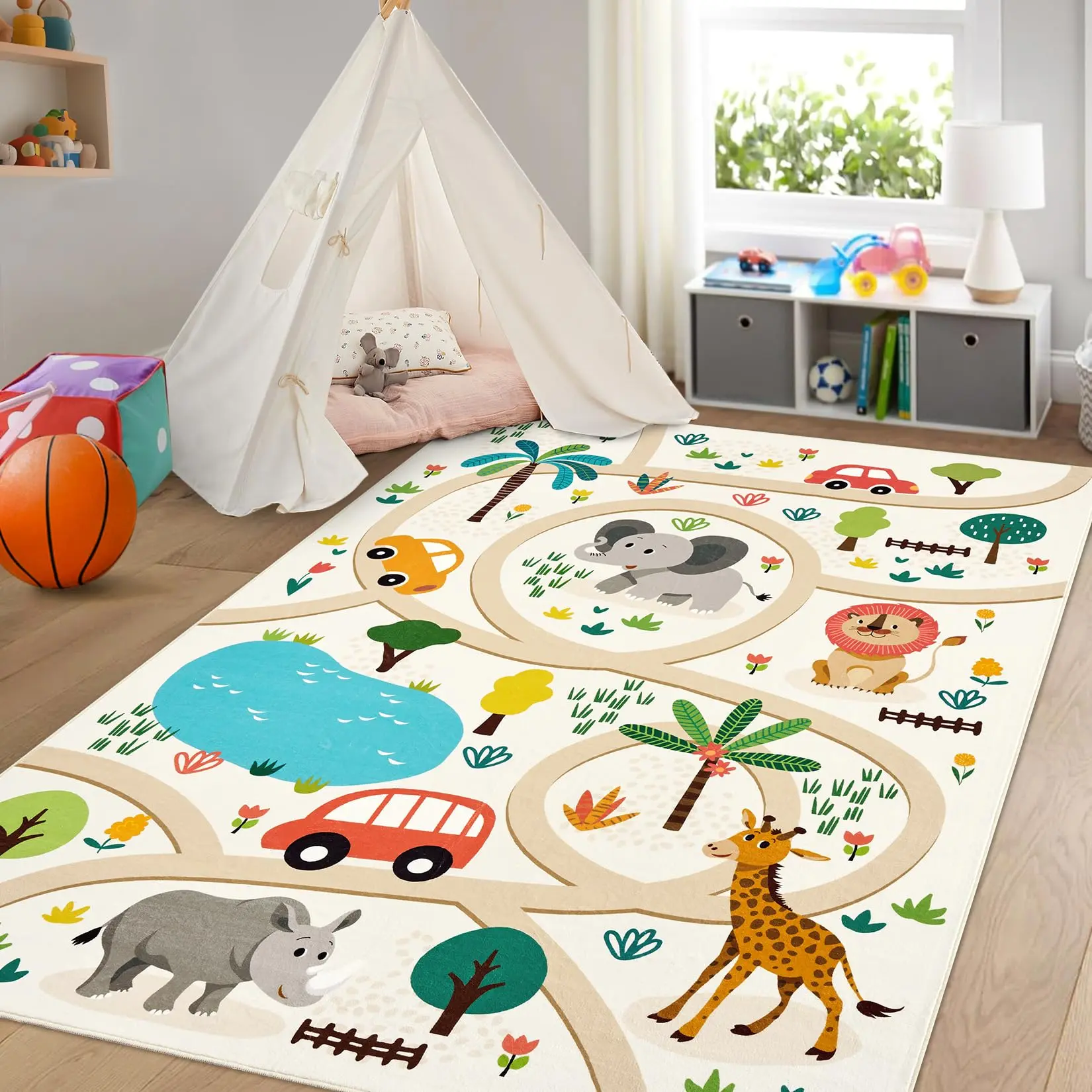 GARVEE 5x7 Ultra-Soft Playroom Rug with Forest, Cars, Animals, and Road Pattern - Machine Washable Carpet for Nursery, Toddler Room, and Classroom