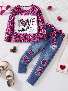 Autumn Girls' Clothing Set, Clothes Kids, Leopard Print Cartoon Top & Skinny Pants, Casual Loose Fit, Fall Winter, Kids Back-To-School Wear