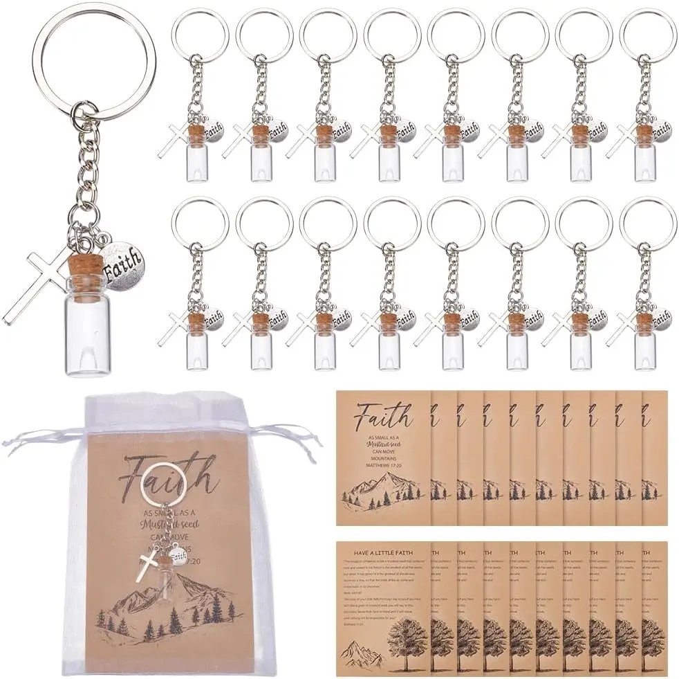 20 piece Mustard Seed Faith Gifts Sets Baptismal Keychain Kits with Glass Wishing Bottle for Church Events, Favors & Ceremonies