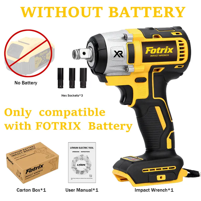 Fotrix Brushless Impact Wrench Bare Tool 21V Lithium-Ion Battery Compatible High-Torque 520N·m Motor 2800RPM Impact Mechanism Ergonomic Handle LED Light ryobi tools bit storage french cleat impact wrench power tools Cordless