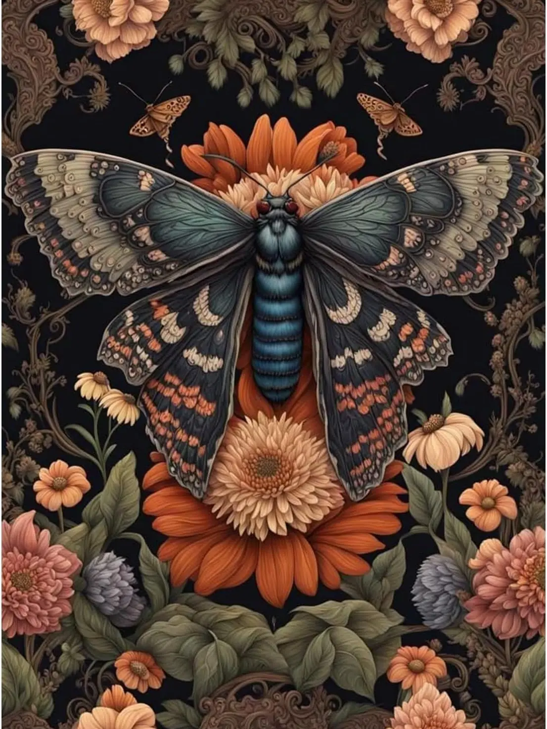5D Diamond Painting Kit Vintage Dark Gothic Giant Moth Warm Orange Dahlia Floral Ornate Lace Border Moody Botanical Witchy Crystal Rhinestone Wall Decor Gift