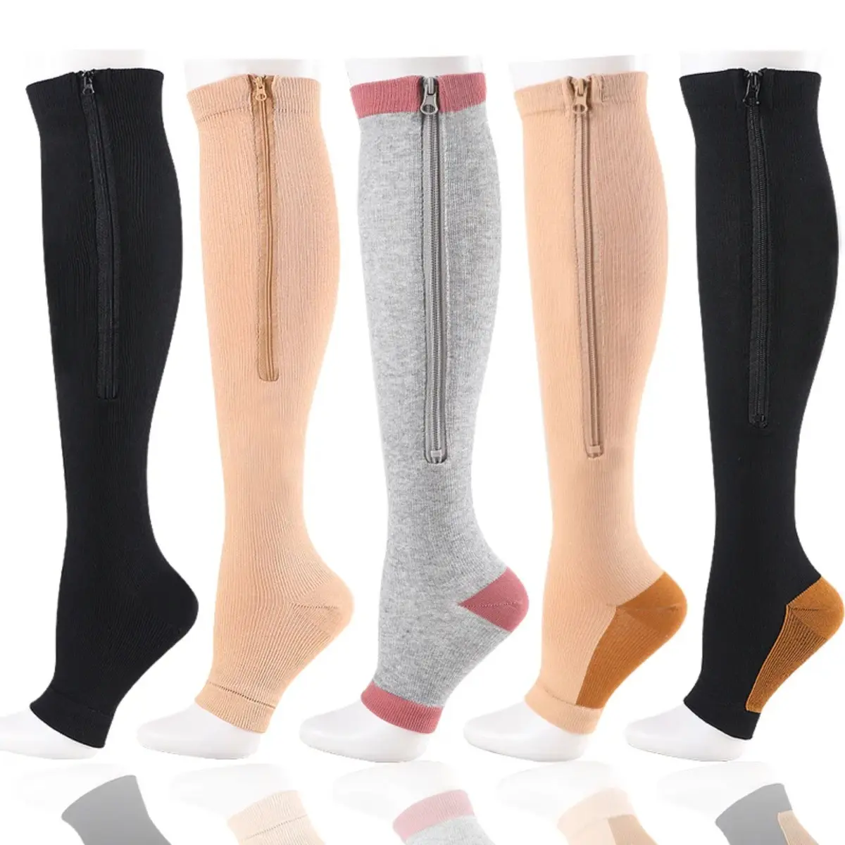 Unisex 3 Pairs Toeless Zipper Compression Socks - Calf-Length Anti-Slip Support Stockings for Male, Running, Daily Wear with Zipper Design, Refer to Size Chart