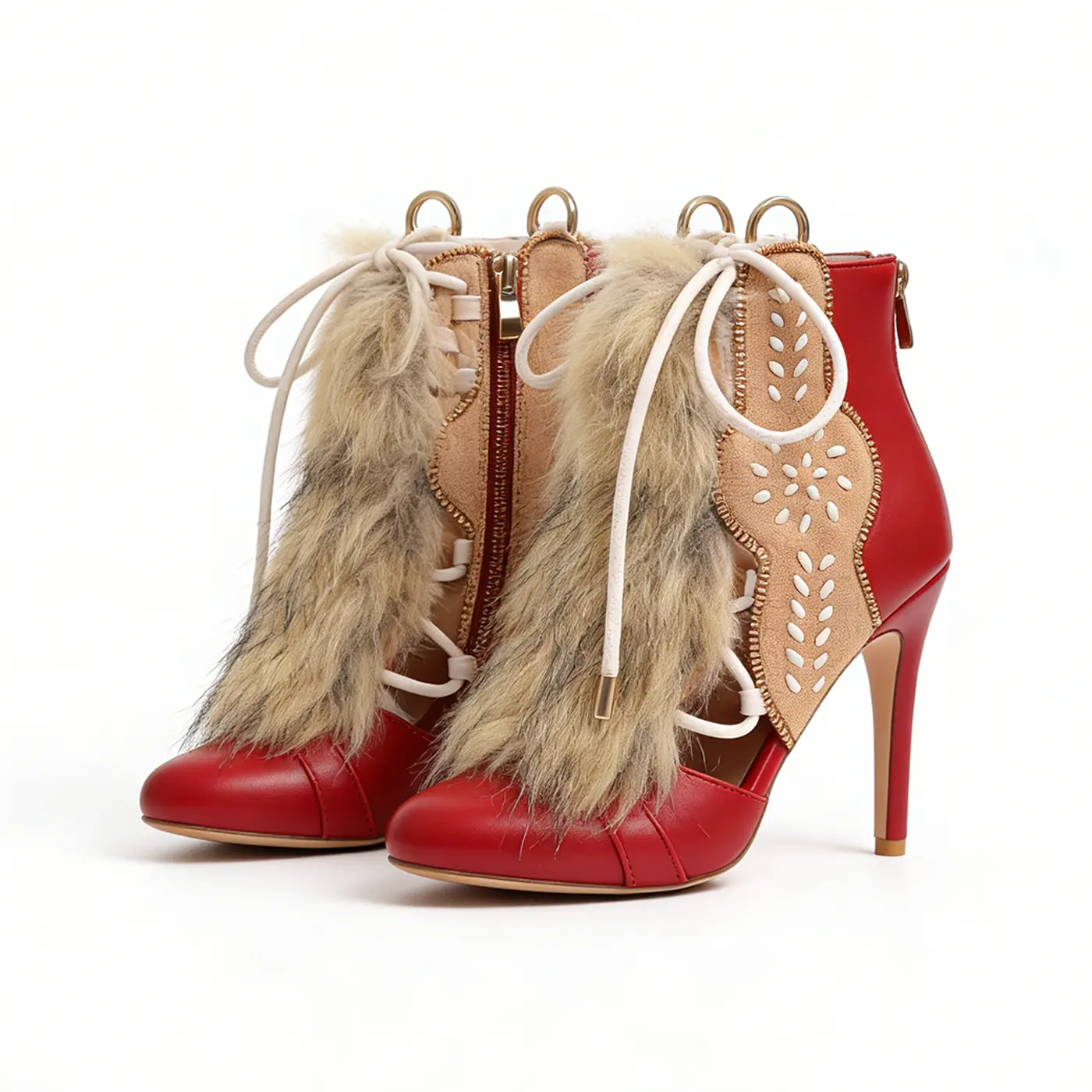 Women's Bohemian-Chic Custom Made Leather Faux Fur Pointed Toe Stiletto Ankle Boots - Beige Suede, Lace-Up & Zipper Design, Intricate Embroidery, Detachable Fur Trim, High Heel for Elegant Spring Wear (Pre-Order)
