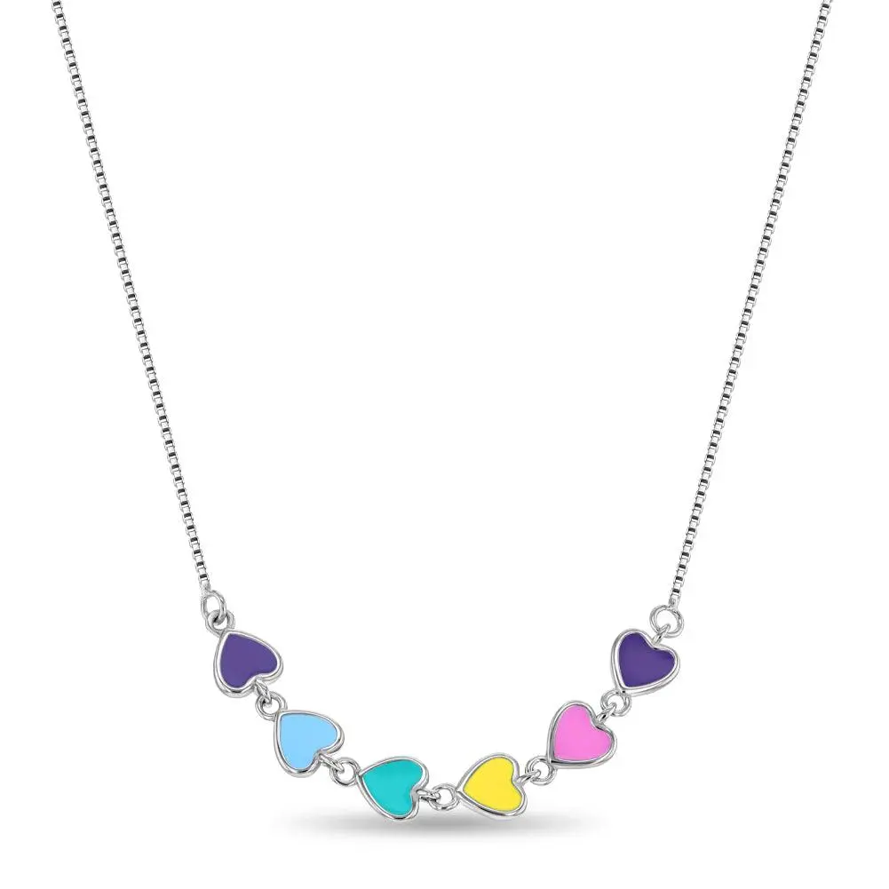 Rainbow Hearts 16" Kids/Children's/Girls Necklace Enamel - Sterling Silver
