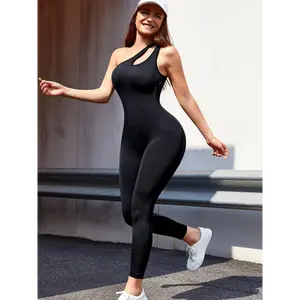 Sexy Comfortable Form-Fitting Slim Bodysuit  [Solid Tummy Control Workout Jumpsuit] Women's Ribbed Cut Out Solid Sloping Shoulders Jumpsuit