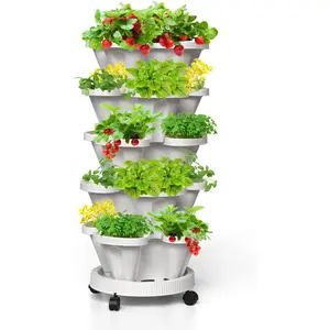 Strawberry Vertical Planters 5 Tiered, Stacking Tower Garden, Stackable  Vegetable Planters with Movable Casters and Bottom Saucer Indoor and Outdoor - White
