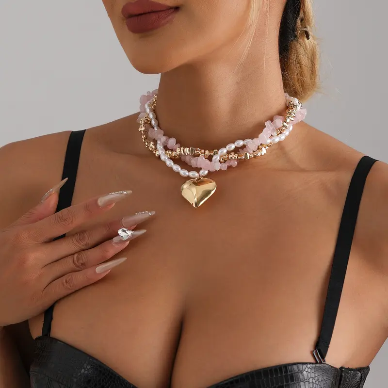 Women's 2-Piece Gold-Tone Dainty Beaded Layering Necklace Set - Irregular Baroque Pearl, Love Charm Pendant, Casual Jewelry, Gold Aesthetic Costume Accessory, Gifts for Girlfriend