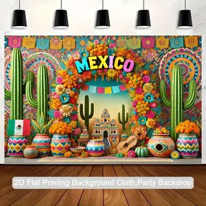 Mexican Style 2D Flat Background Cloth, Polyester Photography Backdrop with Cactus Design, Indoor Outdoor Party Decorations