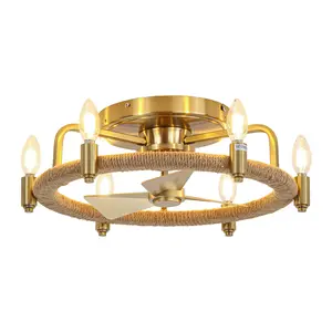 PARROT UNCLE 20" Flush Mount Golden Hemp Rope Ceiling Fan with Light and Remote Control