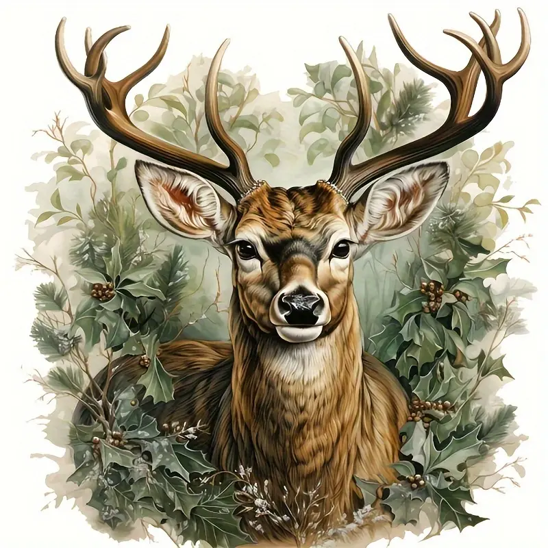 5D Diamond Painting Kit - Realistic Forest Stag with Holly Wreath, Full Round Drill Vintage Greenery Surrounded Deer Mosaic Art, DIY Rhinestone Embroidery for Rustic Home Wall Decor & Christmas Gift
