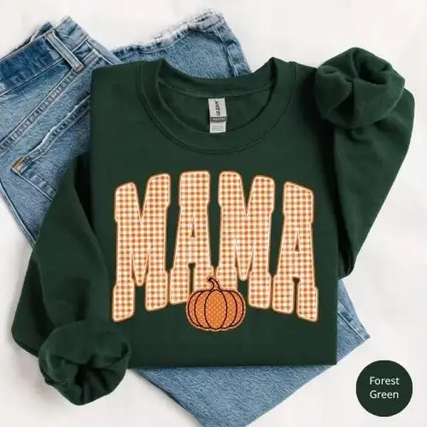 Retro Mama Pumpkin Gildan Sweatshirt or T-Shirt, Trendy Fall Gingham Mama Shirt, Cute Autumn Gift for Mom