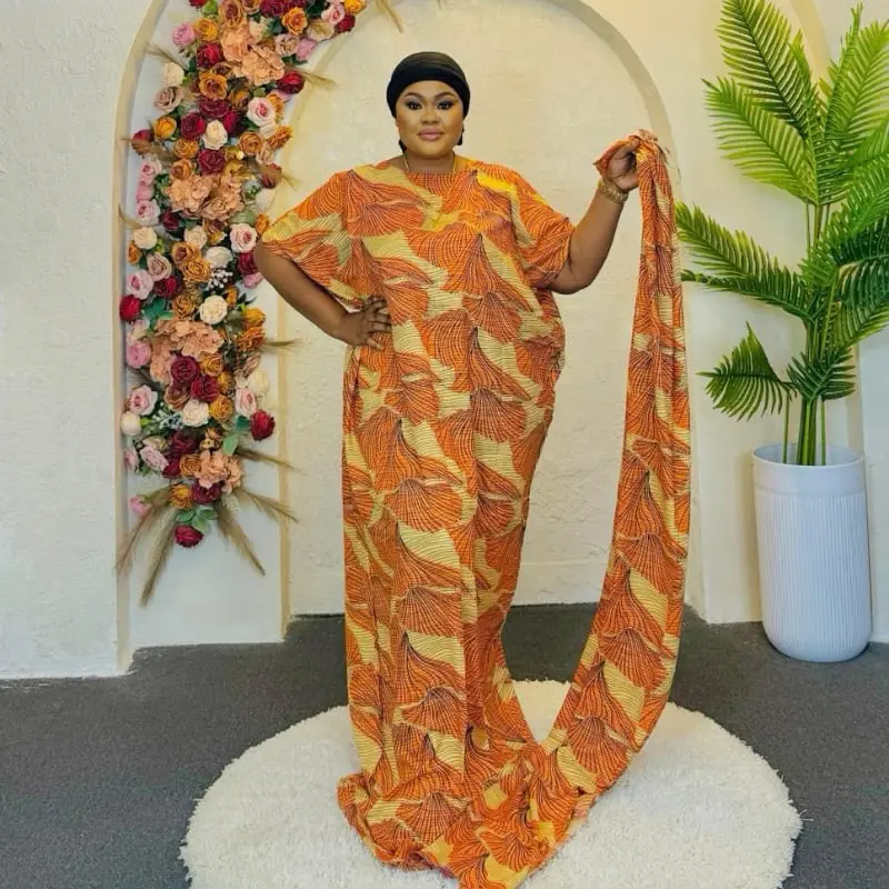 Dera Abaya Set - Vibrant Orange & Green Leaf Print Long Dress for Women