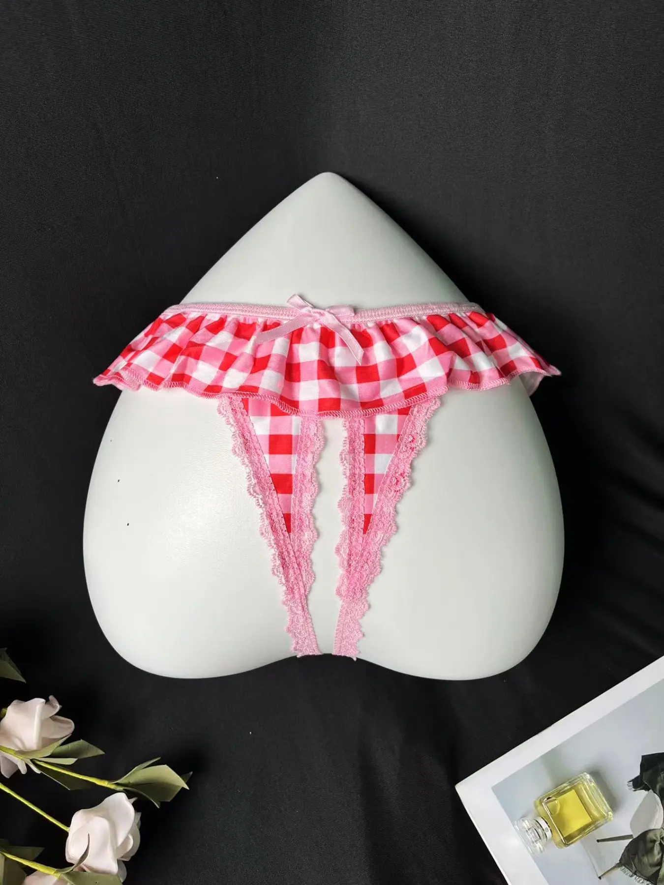 Women's Elastic Comfort Thong Panties, Sexy Open-Crotch Underwear for Special Occasions, All-Season Wear, Fitted Plain Style, Plaid, Opening Crotch Underwear