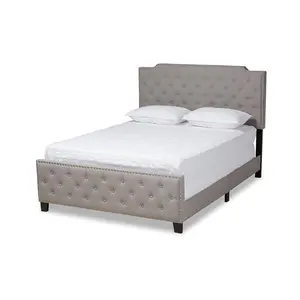212 MAIN Marion Queen-Size Modern Transitional Grey Linen-Like Fabric Upholstered Button-Tufted Panel Bed - Modern Style, Upholstered Tufted, Wood Framed, Foam Padded, Indoor Beds, Modern Style Beds