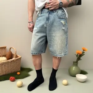 Men's Distressed Denim Shorts Heavyweight Vintage Wash Raw Hem with Paint Splatter Side Adjusters Streetwear Aesthetic Summer Shorts